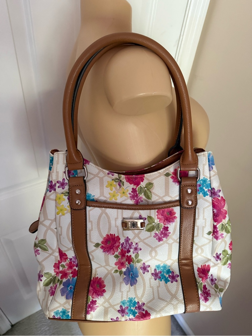 Rosetti Floral Shoulder Bag in White with Tan Handles